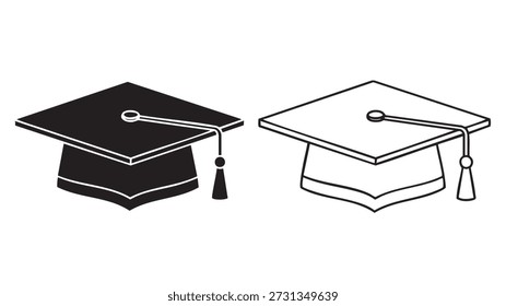 Dois bonés de graduação, um preto e um branco, ambos com borlas isoladas no fundo branco