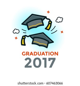 Two graduation caps thrown in air, line art vector illustration
