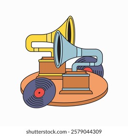 Two gramophones with vinyl records cartoon hand drawn vector illustration