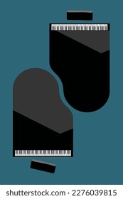 Two grand pianos are seen from above set up to be ready for a duet performance. This is a vector illustratIon isolated on the background.
