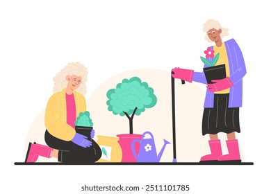 Two grandmothers plant flowers in pots in the garden