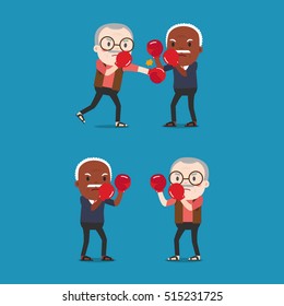 Two grandpa wearing boxing gloves fighting.