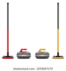 Two granite curling stones and two sweeping brooms realistic 3d vector curling equipment clipart set isolated on white background, realistic sports gear, winter sport illustration.