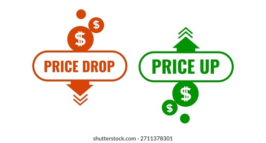 Zwei grafische Banner für Preisänderungen: roter Preisverfall mit Abwärtspfeil und Dollarzeichen, grüner Preisanstieg mit Aufwärtspfeil und Dollarzeichen. Ideal für Finanznachrichten, Marktanalysen, E-Commerce.