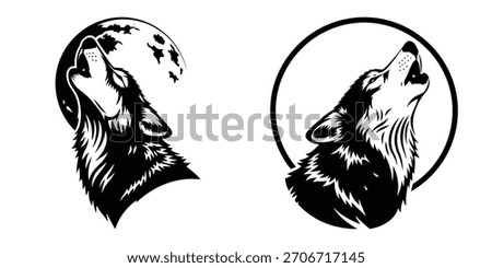 Two graphic black and white wolf illustrations depicting howling wolves one with a moon background and the other with a circle