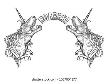 Two graphic Dinocorns. Roaring tyrannosauruses with unicorn horn. Side view. Vector conceptual art drawn in engraving technique