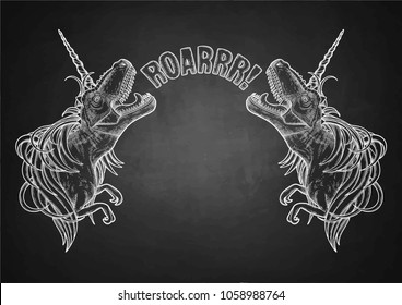 Two graphic Dinocorns. Roaring tyrannosauruses with unicorn horn. Side view. Vector conceptual art drawn in engraving technique
