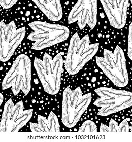 Two graphic dinosaur footprints on the ground. Vector prehistoric seamless pattern drawn in engraving technique. Coloring book page design