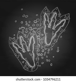 Two graphic dinosaur footprints on the ground. Vector prehistoric illustration drawn in engraving technique