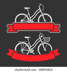 Two graphic emblems with city bicycles and red ribbons