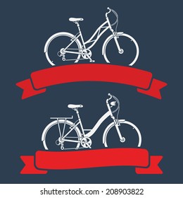 Two graphic emblems with city bicycles and red ribbons