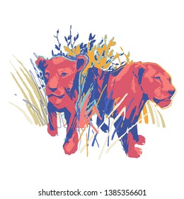 Two graphic female lions standing among the grass and bushes. Abstractt vector illustration drawn in the technique of rough brush