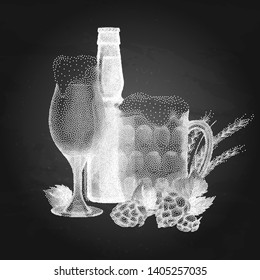 Two graphic glasses of beer and bottle decorated with malts and hops.Vector alcoholic beverages drawn in stippling technique