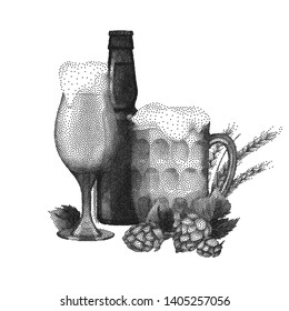 Two graphic glasses of beer and bottle decorated with malts and hops.Vector alcoholic beverages drawn in stippling technique