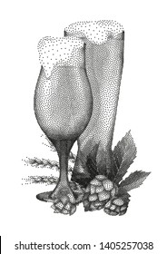Two graphic glasses of beer decorated with malts and hops. Vector alcoholic beverages drawn in stippling technique