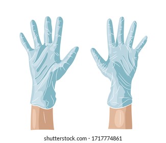 Two graphic hands in a blue medical glove. Hand protection against bacteria. Quarantine. Coronavirus. Vector illustration