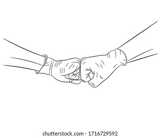 Two graphic hands greeted with fists in blue medical gloves to protect against coronavirus. COVID-19 protection, new greeting, social distance. Vector illustration.