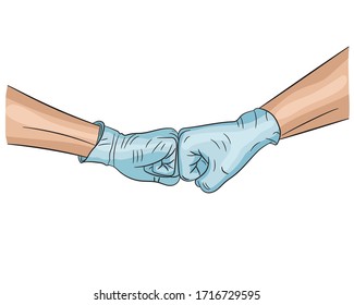 Two graphic hands greeted with fists in blue medical gloves to protect against coronavirus. COVID-19 protection, new greeting, social distance. Vector illustration.