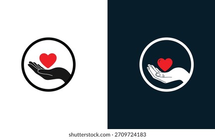 Two graphic icons feature a red heart held in an open hand within a circle. One icon has a black hand on a white background, the other a white hand on a dark blue background.