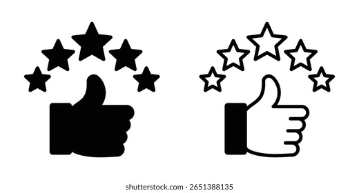Two graphic icons representing a thumbs-up gesture accompanied by a rating of five stars. One icon is solid black, the other is an outline.