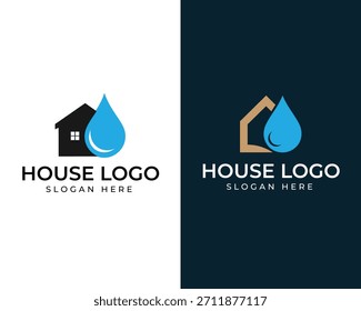 Two graphic logos featuring a house silhouette next to a blue water drop. One logo has a black house on a white background, the other a brown outline house on a dark blue background.