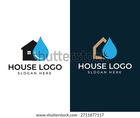 Two graphic logos featuring a house silhouette next to a blue water drop. One logo has a black house on a white background, the other a brown outline house on a dark blue background.