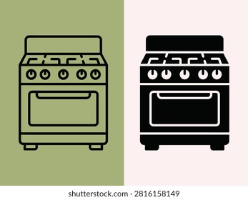 Two graphic representations of a freestanding gas oven one outlined and one filled are shown