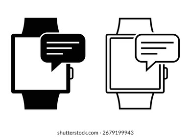 Two graphic representations of a smartwatch displaying a chat bubble notification. One is solid black, the other is an outline, offering versatile design options for digital communication themes.