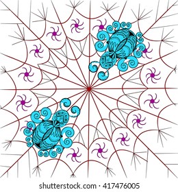 Two graphic stylized spider on the web
