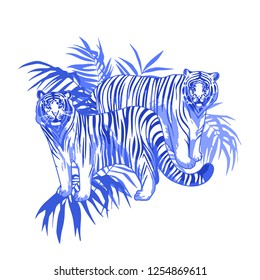 Two graphic tigers standing among the exotic leaves. Vector illustration isolated on white background