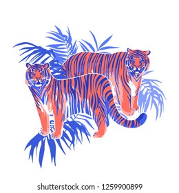 Two graphic tigers standing among the exotic leaves. Vector illustration isolated on white background