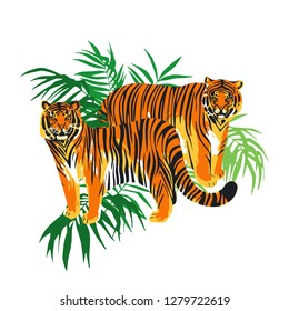 Two graphic tigers standing among the exotic leaves. Vector illustration isolated on white background