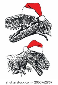 Two graphical portraits of tyrannosauruses in Santa Claus hats on white, new year design element for kids and adult