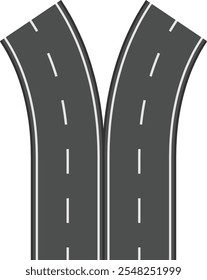 Two gray asphalt roads with white dashed lines are diverging, creating a visual representation of decision making, options, and the concept of choosing between different life paths or opportunities