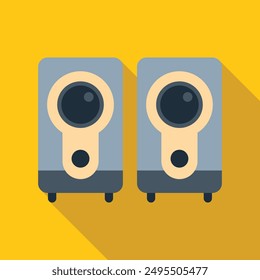 Two gray audio speakers with yellow details standing on yellow background, music and sound concept