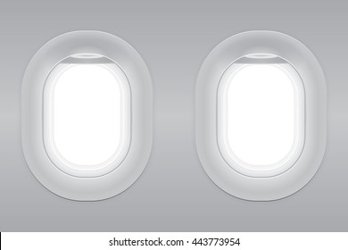 Two gray blank window plane, gray airplane window, gray light template, plain aircraft window white space.