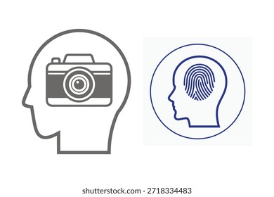 Dos iconos de línea gris y azul de cabezas humanas con cámara y huella digital en el interior que simbolizan la memoria y la identidad