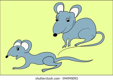 Two gray and blue mouses on the yellow green backgroung
