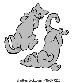 Two gray cat lying on the back, abstracta vector illustration. Picture of kittens with a black outline on a white background