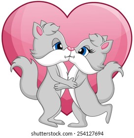 Two gray cats kissing under a big pink heart.