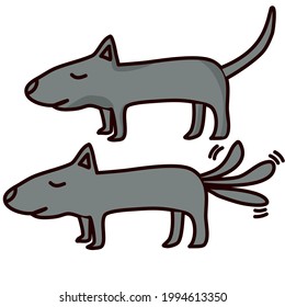 two gray dogs standing side by side tail wagging and not tail wagging