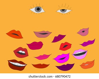 Two gray Eyes. Lots of lips emotions of a smile, sadness, a different shade of pink and red and different shapes at the bottom