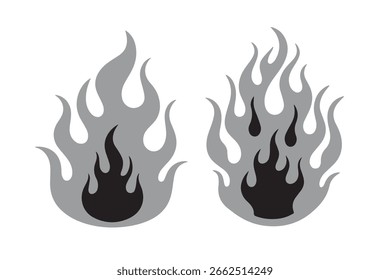 Dos llamas grises con el centro negro aislado en el fondo blanco, perfecto para los logotipos, los tatuajes, o los Diseños gráficos, transmitiendo la energía, el peligro, y el poder crudo del fuego y del calor