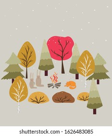 Two gray hares and a red cat near a fire, against the background of autumn trees, birch and Christmas trees, white snowflakes are falling from the sky
