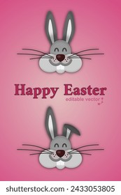 Dos orejas largas grises conejito sonriendo para Feliz Pascua. Vector EPS totalmente editable.	