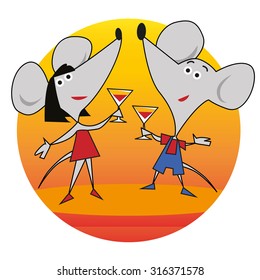 Two gray mice raise their glasses of wine.