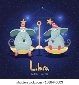 Two gray mice are sitting in yellow scales. On their heads are Christmas caps, on their feet are red shoes. Vector illustration. Handwork. Background - a dark blue starry sky with the constellation.