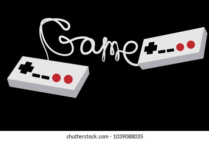 Two gray old retro hipster joysticks manipulators remotes from the 80's, 90's for video game consoles and an inscription game written by a wire on a black background. Vector illustration