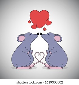 Two gray rats in love and red hearts. Valentine's card. Vector illustration