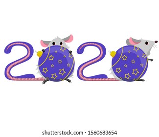 Two gray rats, two mice, mouse, stock, vector illustration, cartoon character, on a white background, 2020